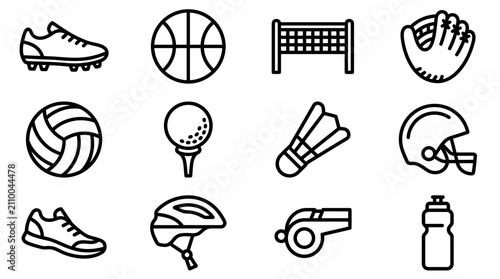 Collection of Sports Icons: Soccer Shoe, Basketball, Volleyball, Golf Ball, Badminton, Helmet, Whistle