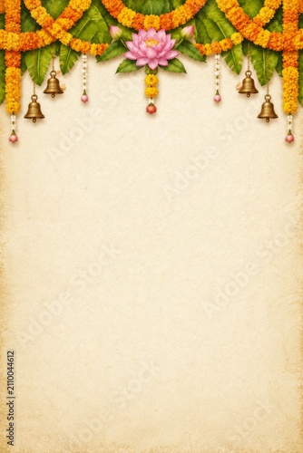 Diwali festival background with marigold flowers. Traditional Indian floral frame border.