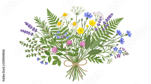 Summer Meadow Bouquet Watercolor Illustration - Wildflowers, Herbs, Ferns