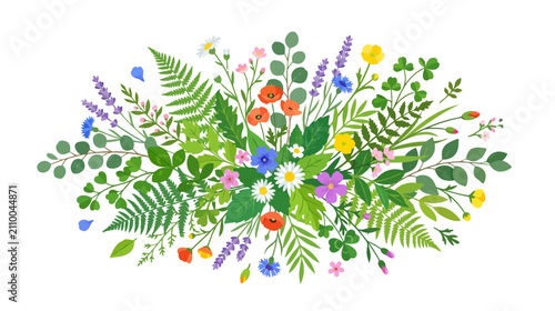 Summer Meadow Floral Arrangement: Wildflowers, Ferns, Green Leaves, White Background