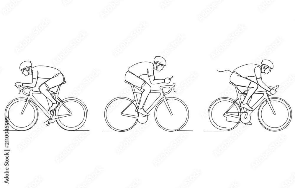 Obraz premium Athlete in a protective helmet rides a bicycle and mountain, road bike set one line art.