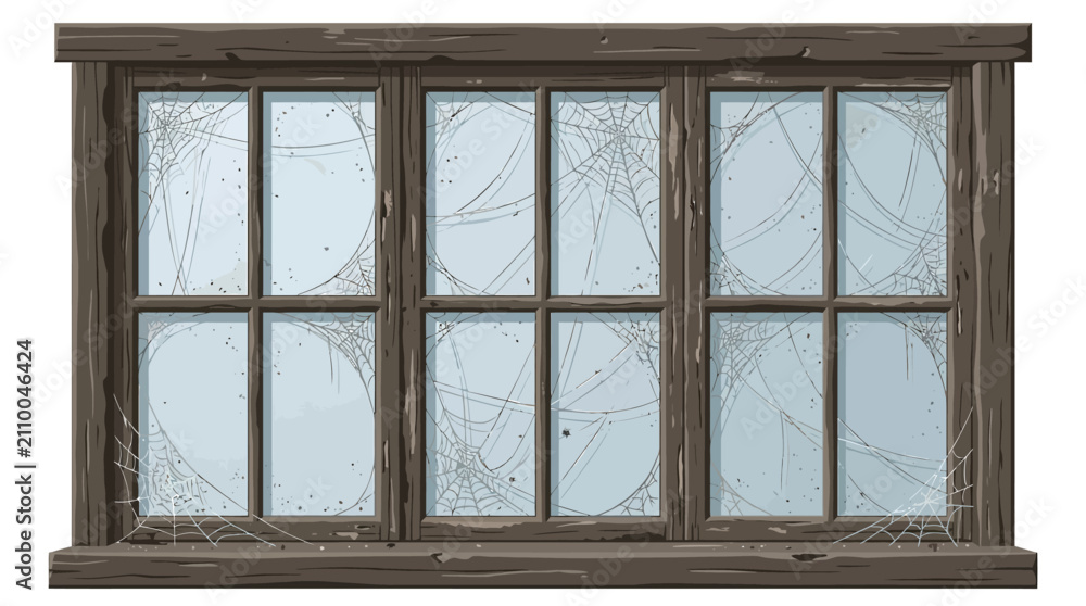 Fototapeta premium Old broken window with cracked glass and cobwebs, weathered wooden frame in abandoned house, spooky vintage window vector illustration