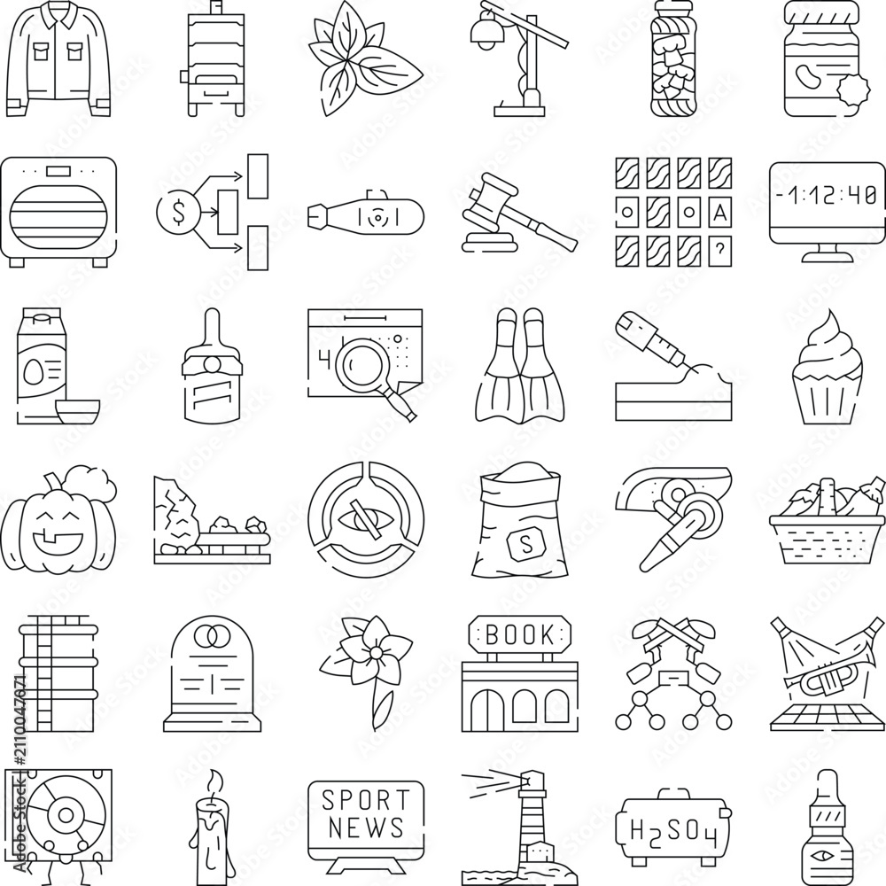 Fototapeta premium Collection of line art icons illustrating various concepts, objects, and activities for web, application, and ui design, emphasizing a minimal and versatile style