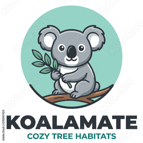 Photography Cute Koala Mascot Logo Sitting on Tree Branch  Modern Wildlife Vector Design