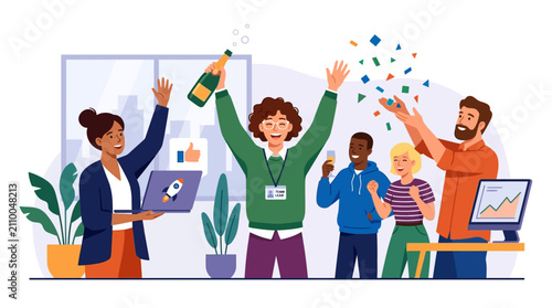 Team Celebration, Champagne Toast, Confetti Shower, Office Success, Flat Design