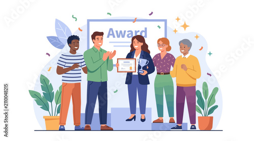Team Celebration: Woman Receives Award with Colleagues Cheering