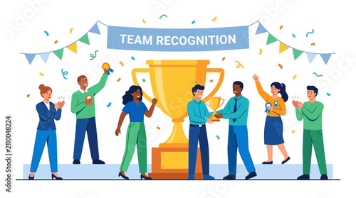 Team Recognition Award Celebration Banner with Trophy and Cheering People