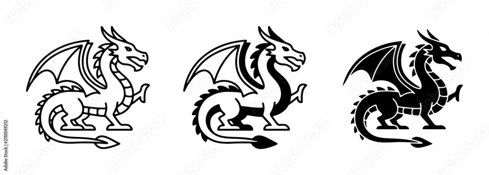 Fototapeta premium Mythical Dragon Vector Icons, Fantasy Creature Graphics, Medieval Heraldry Symbols, Black and White Emblem Designs
