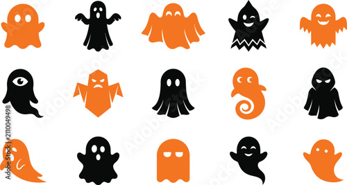 Fotografía Set of cute black and orange ghost icons for halloween party decorations and spo