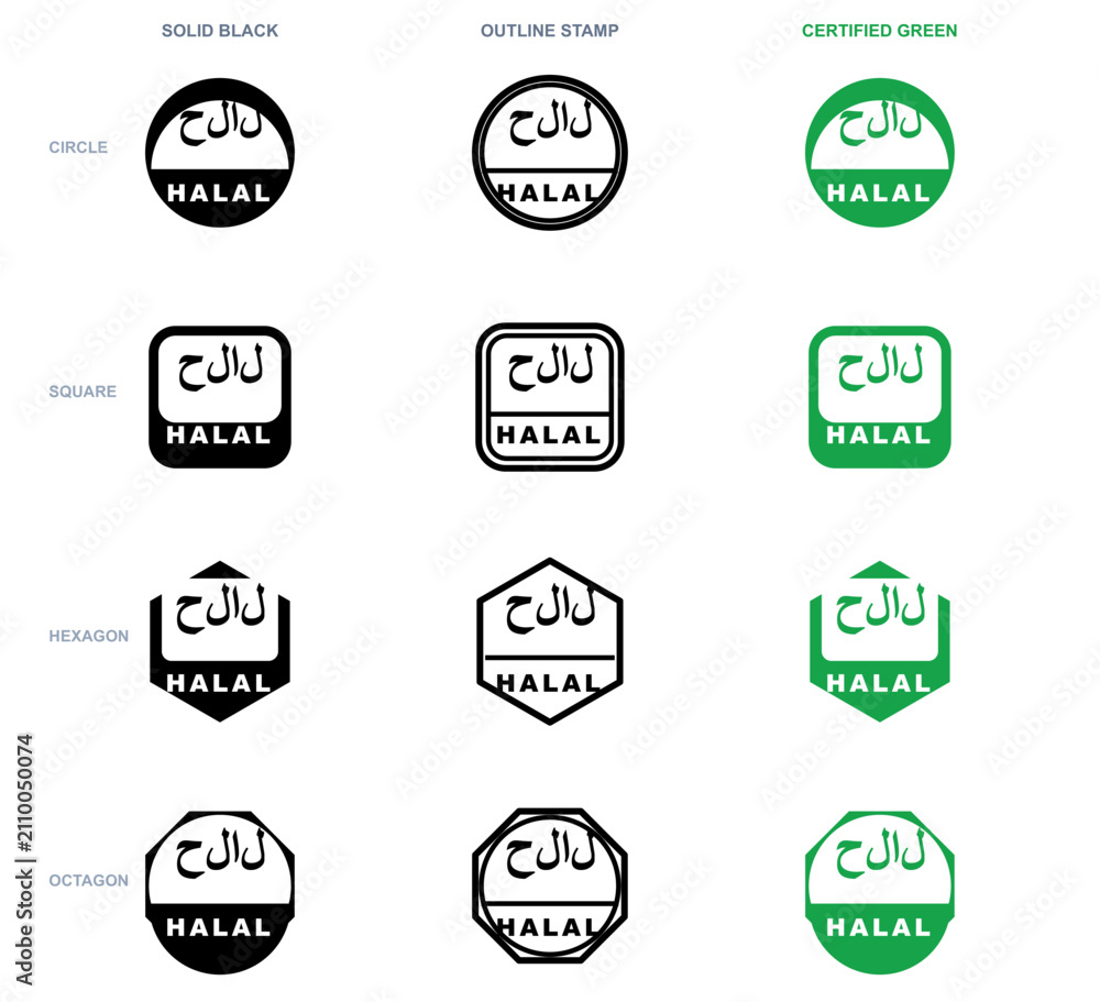 Fototapeta premium Halal certification stamps in multiple shapes and colors. Islamic food compliance badges for packaging and branding design.
