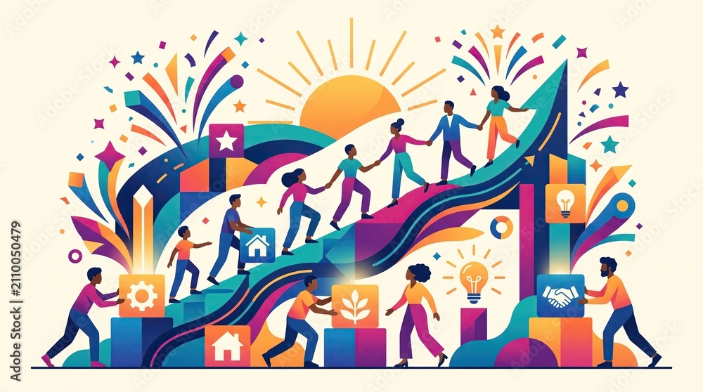 Fototapeta premium Diverse group of people climbing colorful abstract staircase toward rising sun with vibrant fireworks and icons, business growth concept, community development, teamwork success.