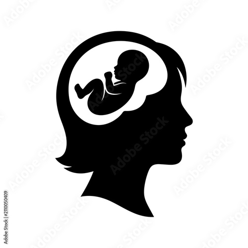 Quadro su tela Minimalist pregnancy silhouette vector, woman profile with baby in mind, materna