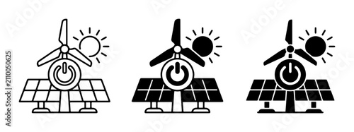 Cuadro en lienzo Renewable Energy Icons: Solar Panels, Wind Turbine, Sun, Power Symbol Set