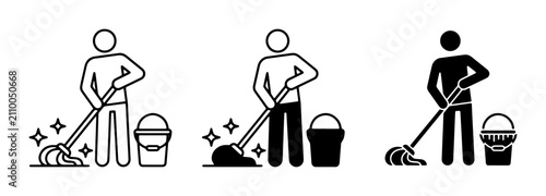 Obraz na płótnie Cleaning Icons Set: Mop, Bucket, and Sparkling Floor Symbols for Housekeeping an