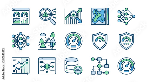 Industrial Style Icons Set Featuring Network Analytics Security and Data Visualization Elements in Blue and Green