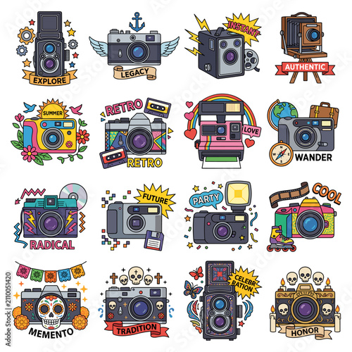 Canvastavla Set of colorful retro vintage camera stickers and badges with decorative elements and typography