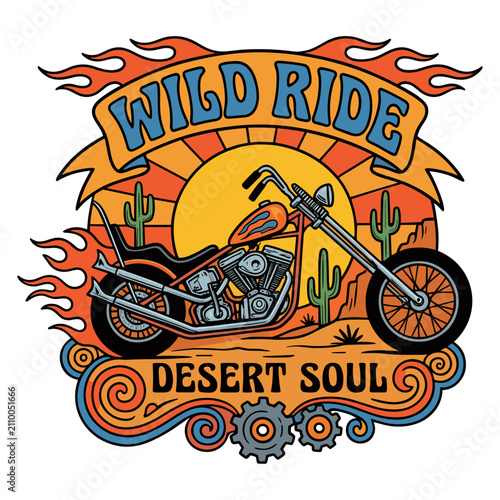 Bild auf Leinwand Vintage style motorcycle illustration with desert sunset background and wild ride text emblem