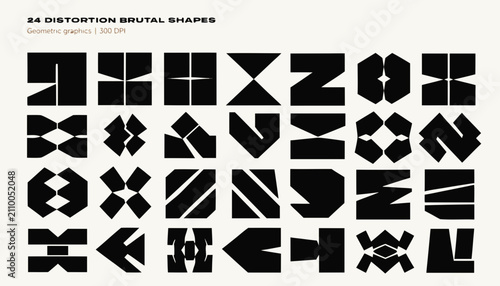 24 Brutal Distortion Geometric Shapes Vector Set for Modern Design. Abstract Black Glitch Polygon Icons for Tech and Urban Projects.