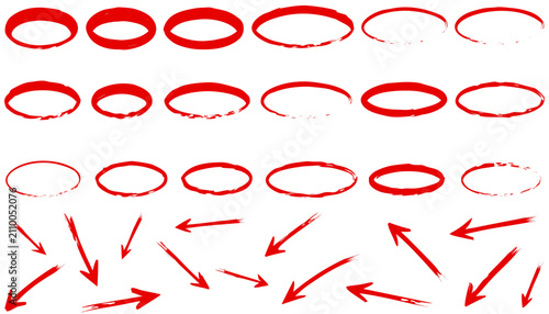 Set of red hand-drawn circles and arrows for flowcharts. Minimalist vector line art icons for diagrams, process mapping, and directional guides.