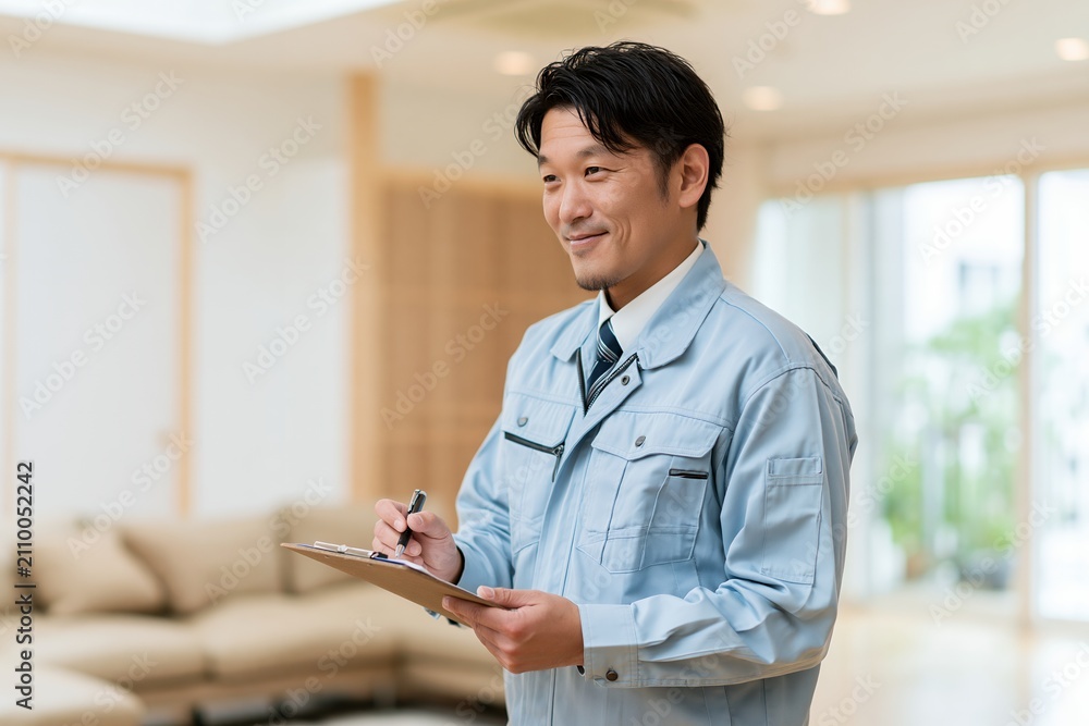 Fototapeta premium 住宅の点検をする笑顔の日本人男性が作業服姿でチェックリストを確認