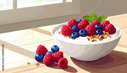 Fresh strawberries and blueberries in ceramic bowl on countertop.