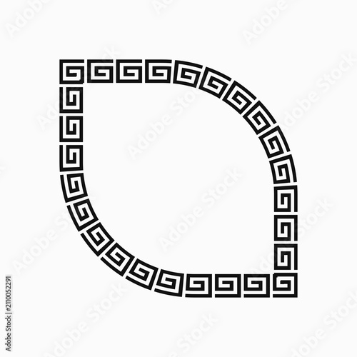 Classic leaf shaped black and white Greek key frame. Minimalist meander border element for unique logos, botanical emblems, and geometric framing