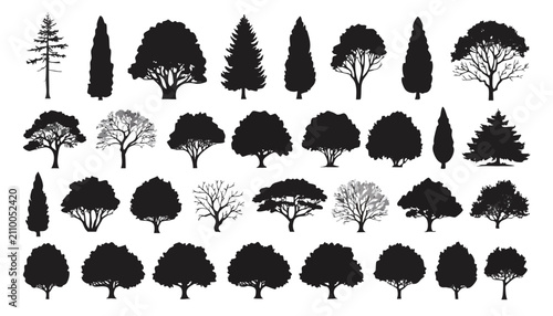 Set of diverse tree illustrations in black and white vector style. Minimalist line art botanical icons for nature design projects and eco-friendly...