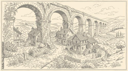 Bild auf Leinwand Hand Drawn illustration of a charming European countryside village nestled under