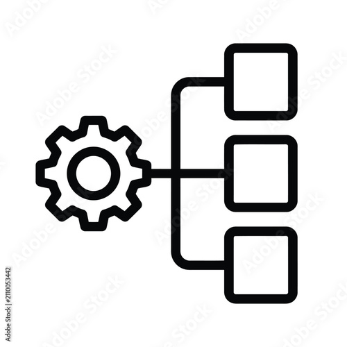 Workflow process icon with gear and boxes. System automation diagram for business logic.