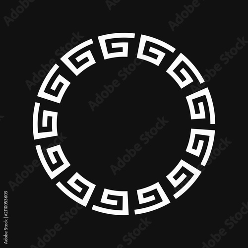 Classic circular white Greek key frame on black background. Minimalist meander border element for vintage logos, coins, and round emblems