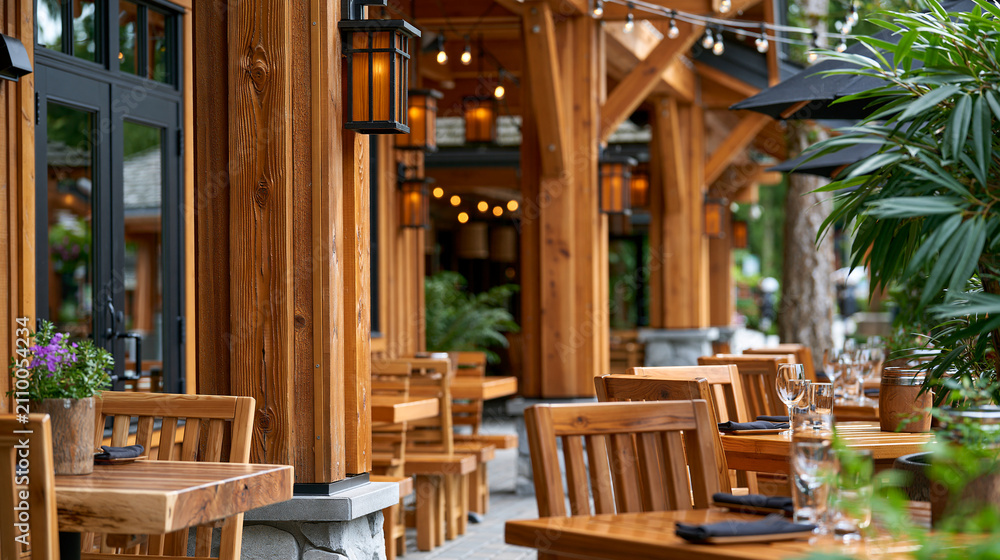 Fototapeta premium Restaurant exterior featuring rustic wood architecture and outdoor furniture, cozy dining ambiance, with copy space