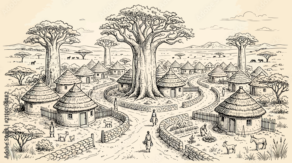 Fototapeta premium Hand Drawn illustration of a traditional African village nestled among majestic baobab trees in the savanna