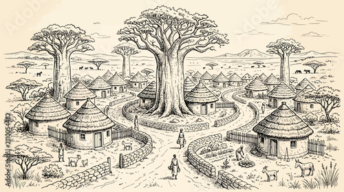 Foto Hand Drawn illustration of a traditional African village nestled among majestic