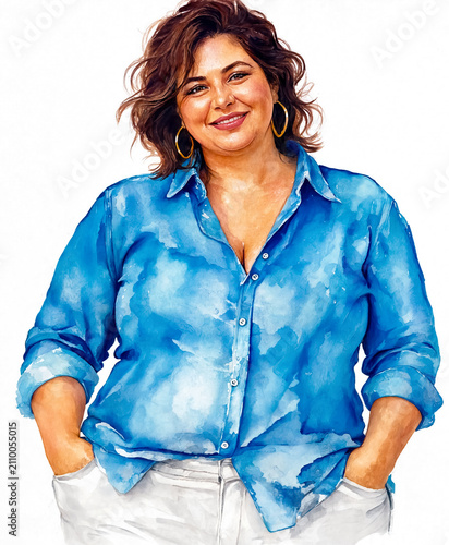 Smiling woman posing in a blue tie-dye shirt with hands in pockets. Watercolor portrait illustration.