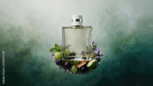 Clear perfume bottle mockup floating with grapes and mint on green background