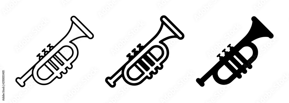 Obraz premium Trumpet Icons, Brass Instrument Symbols, Musical Notes Vector Graphics, Jazz Music Performance Art, Orchestra Sound Equipment