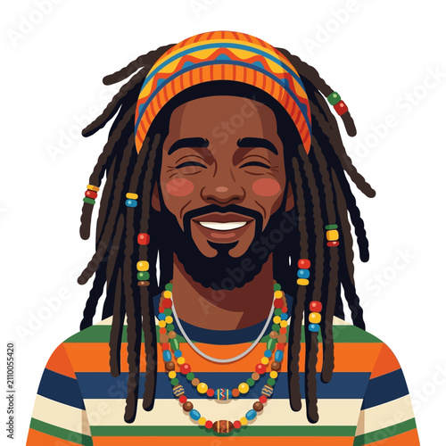 Happy Rastafarian Man with Dreadlocks and Colorful Hat - Stock Illustration