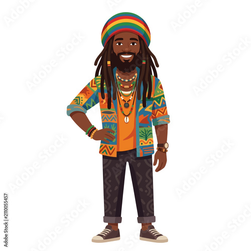 Happy Rastafarian Man with Dreadlocks and Colorful Rasta Hat - Isolated