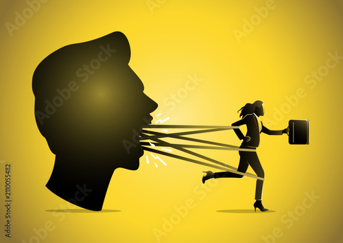 Businesswoman Tied by Giant Male Boss Mouth Words Vector Illustration