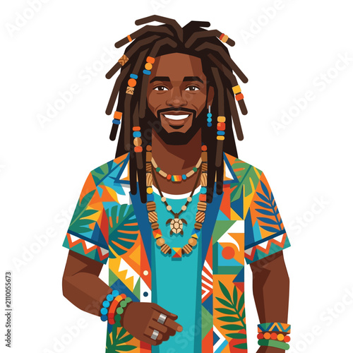 Happy smiling black man with dreadlocks, colorful shirt, island vibes