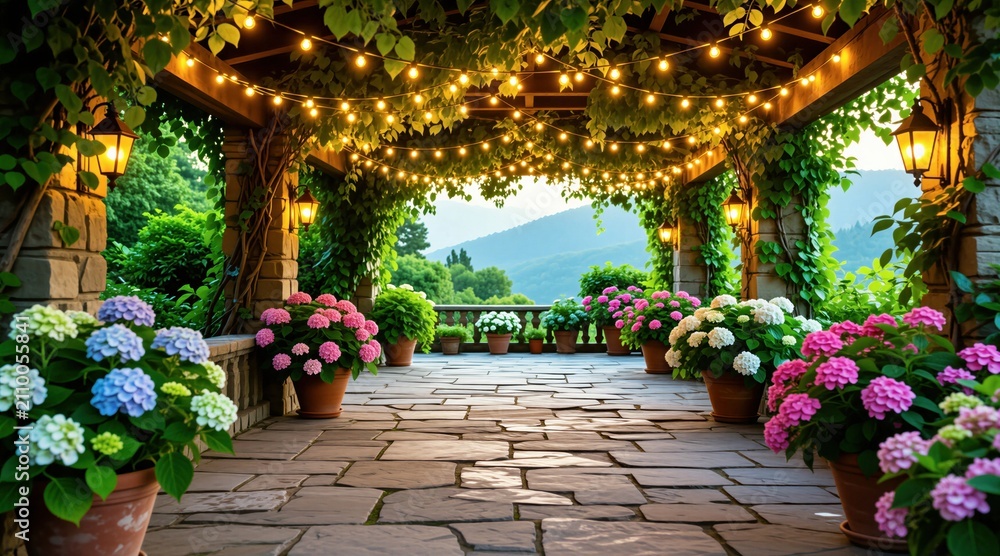 Obraz premium Stone patio features blooming hydrangea pots under wooden trellis with glowing fairy lights. Ivy grows on pillars at sunset. Outdoor terrace offers mountain view. Garden design includes rustic floor