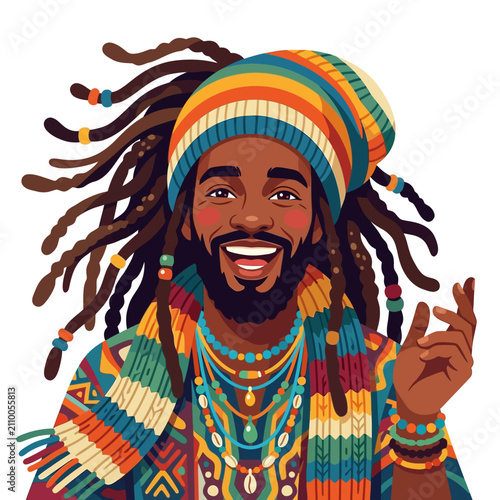 Joyful Black Man with Dreadlocks, Colorful Ethnic Hat and Scarf