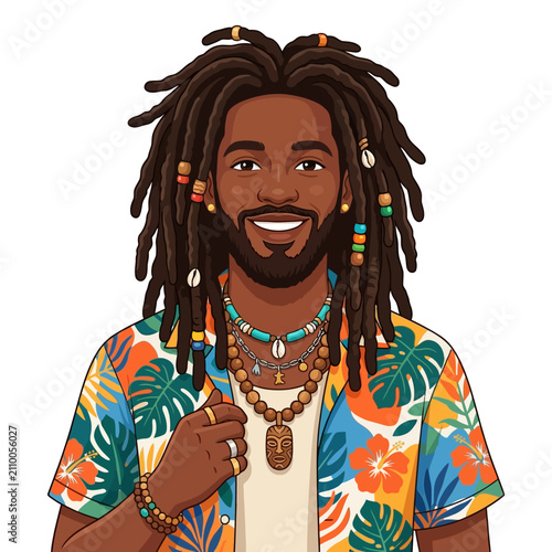 Man with Dreadlocks and Tropical Shirt - Happy Portrait