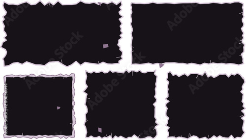 фотографія Torn photo frames with purple edges and confetti scattered on a white background