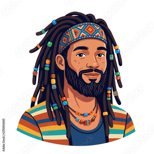 Man with Dreadlocks, Beard, Colorful Headband and Necklace - Vector Art