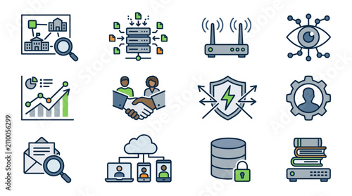 Minimalist Icons Showcasing Key Concepts of IT Infrastructure Cybersecurity Data Management and Collaboration in Flat Design