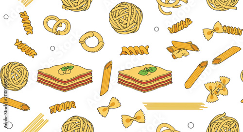 Photos Seamless pattern illustration showcases a variety of Italian pasta shapes like penne, fusilli, farfalle, and layers of lasagna
