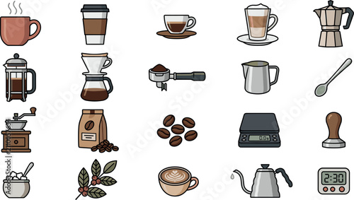 Photos Professional barista coffee shop vector icon set featuring brewing equipment roa