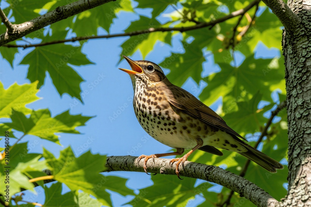 Fototapeta premium Song thrush sits on tree branch, sings with open beak. Small brown bird with spotted chest perches in forest. Green maple leaves, bright blue sky visible in background. Nature wild animal life in