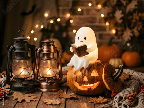 Cute little ghost reading a book on a halloween pumpkin